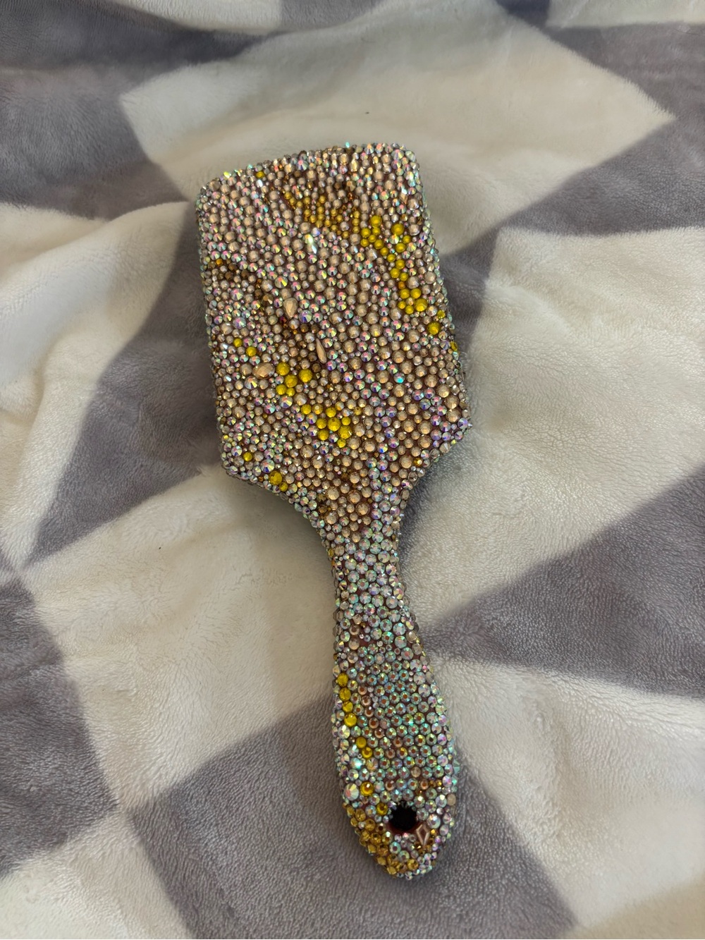 Rhinestone Paddle Hair Brush - Yellow & Iridescent